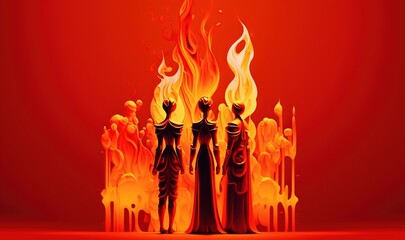  a group of people standing in front of a fire with flames coming out of their heads and hands in the middle of the fire,.  generative ai