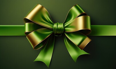  a green ribbon with a gold bow on a dark green background with a diagonal diagonal ribbon on the top of the ribbon is a gold bow.  generative ai