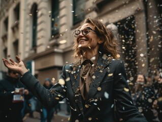 happy business person wearing a suit throwing confetti in a downtown city street. Generative AI - obrazy, fototapety, plakaty