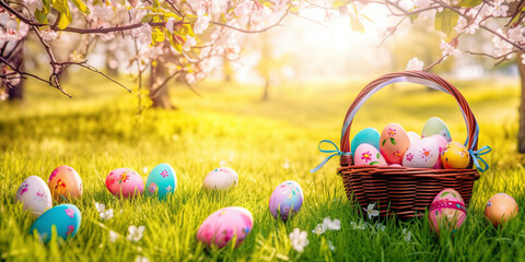 Spring easter decoration. Colorful eggs in a basket in spring sunny blooming cherry orchad. generative ai. Beautiful natural easter banner with copy space