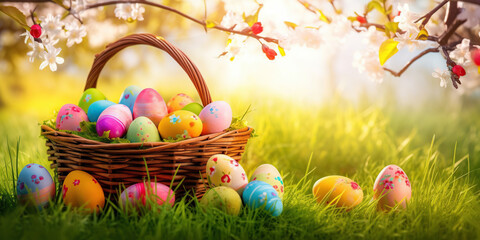 Spring easter decoration. Colorful eggs in a basket in spring sunny blooming cherry orchad. generative ai. Beautiful natural easter banner with copy space