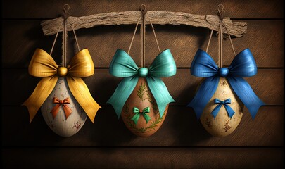  three decorated eggs hanging from a wooden wall with bows on them and a wooden stick hanging from the wall behind them with a wooden plank behind them.  generative ai