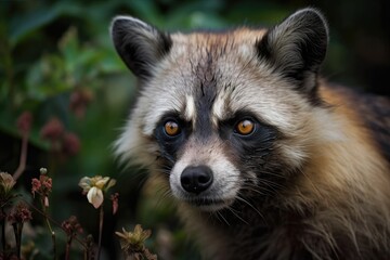 Asian Racoon Dog (Nyctereutes procyonoides) in the wilderness. Generative AI
