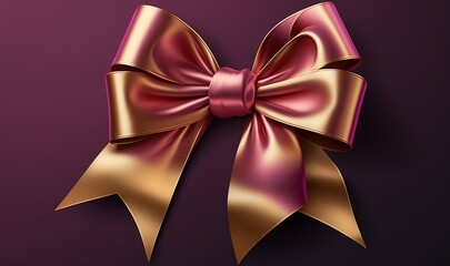  a shiny gold bow on a purple background with a red ribbon on the top of the bow is a shiny gold bow with a red ribbon on the bottom of the bow.  generative ai
