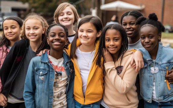 Portrait Of Multi Cultural Children Hanging Out, Smiling And Happy. Concept Of Friendship And Childhood. Shallow Field Of View. Illustrative Generative Ai. Not Real People.