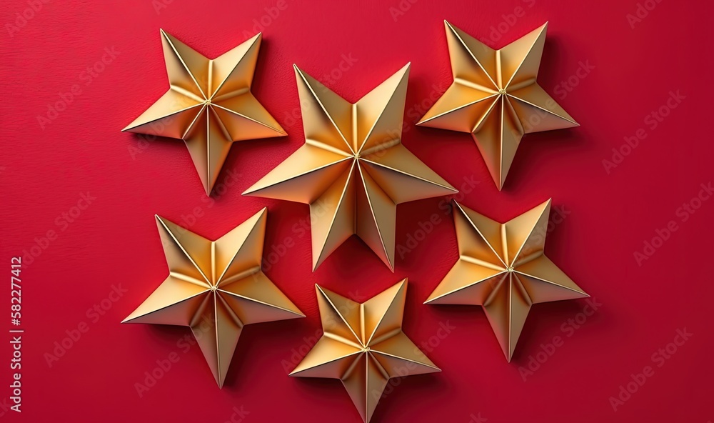 Poster a group of gold stars on a red background with a red wall in the middle of the image and a red wall 