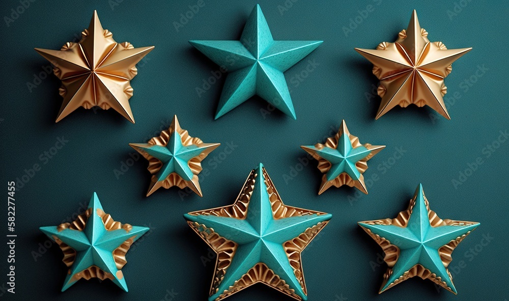 Poster a group of star shaped objects on a green surface with a blue background and a gold star in the midd