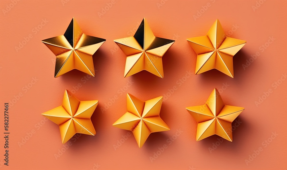 Poster a group of five gold stars on a pink background with a shadow of the five stars on the left side of 