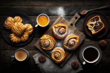 Fototapeta na wymiar Variety of homemade puff pastry buns cinnamon rolls and croissant served with coffee cup. AI generated