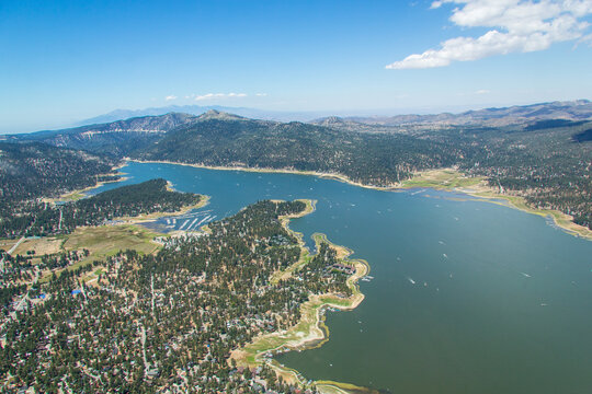 Aerial views of Big Bear and the large lake, taken by a drone.