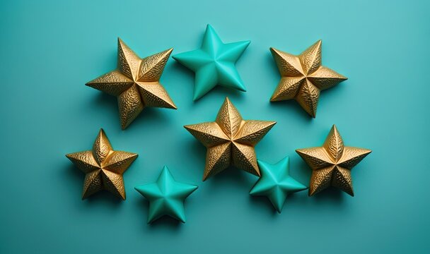  a group of gold stars on a blue background with a green background and a gold star on the left side of the image and a green background.  generative ai