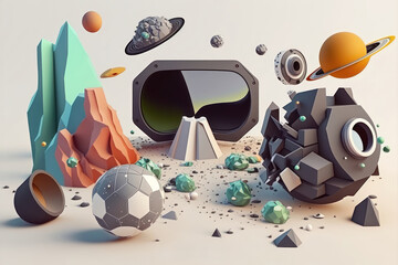Space design with realistic 3d planets and space asteroids and comets, game virtual glasses and gamepad. AI generated