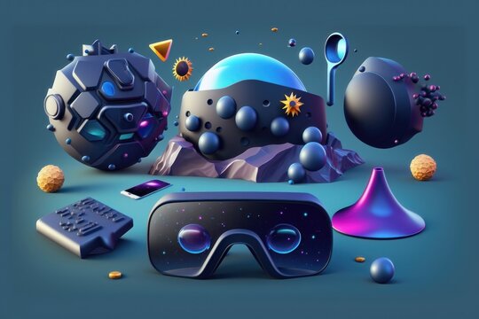 Space design with realistic 3d planets and space asteroids and comets, game virtual glasses and gamepad. AI generated