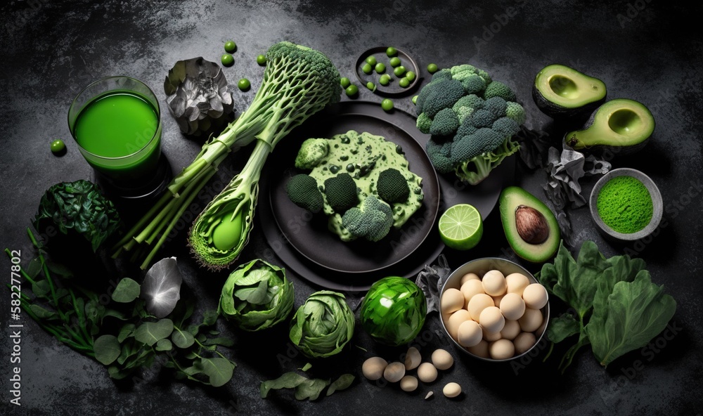 Poster a table topped with lots of different types of vegetables and fruits next to a cup of green juice an