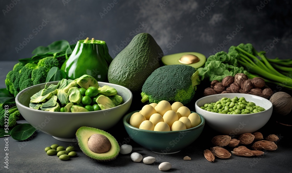 Poster a table topped with bowls filled with different types of vegetables and fruits next to nuts and avoc
