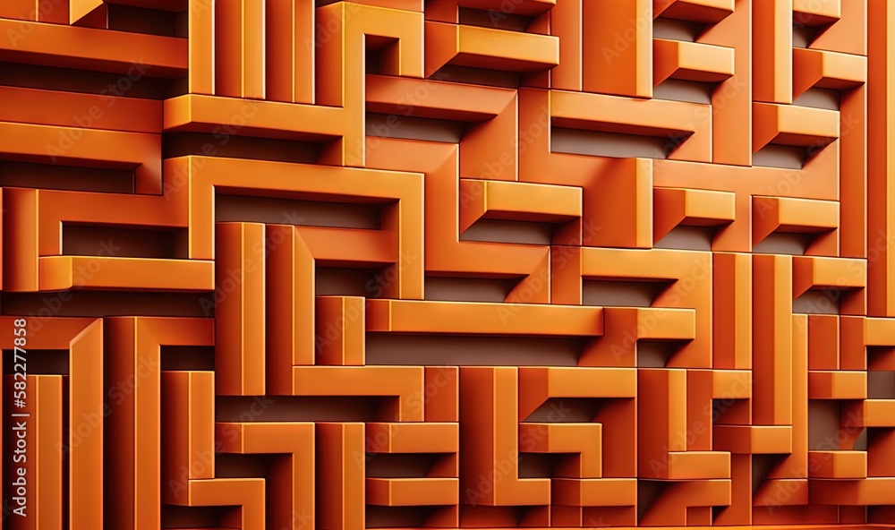 Poster an orange wall with a bunch of squares on it and a clock in the middle of the wall and a clock on th