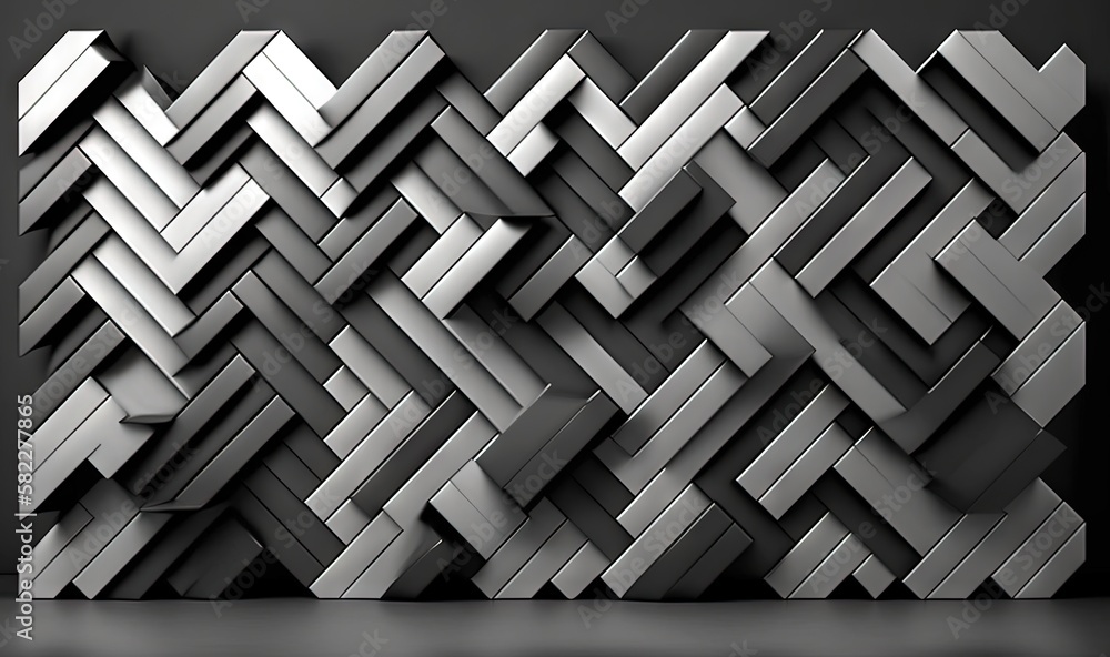 Poster a black and white photo of a wall with a pattern of squares and rectangles on it's side, with a blac