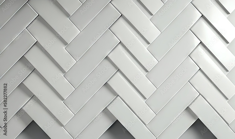 Poster a white wall that has a pattern of white tiles on it and a black and white clock on the side of the 
