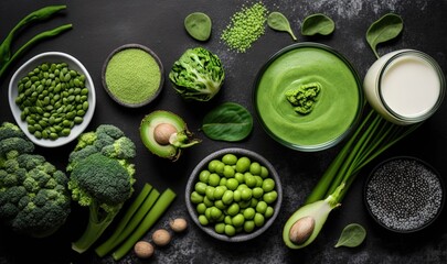  a table topped with bowls of vegetables and a cup of green smoothie next to a bowl of broccoli and a cup of milk.  generative ai
