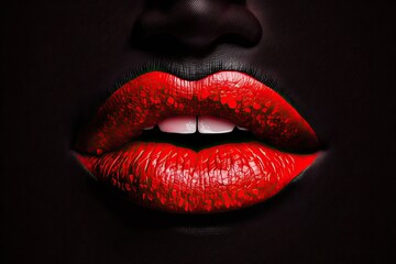 The woman's lush and pouting red lips like a kiss on a black background. Generative AI illustration.