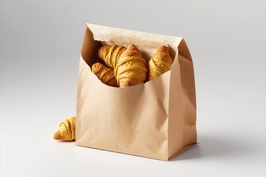 Paper bag with croissants on white background. Space for design. AI generated