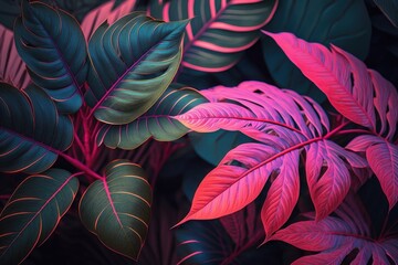 Pink plant leaves background floral tropical pattern. AI generation