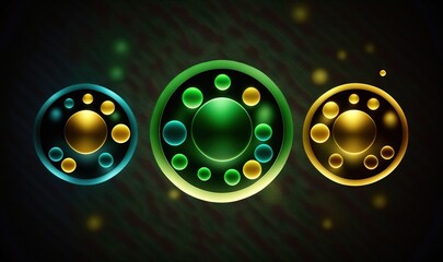  three circles with bubbles on a black background with a green center and a yellow center and a green center and a yellow center and a green center.  generative ai