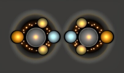  a computer generated image of a group of balls in a circle with a black background and a white circle with a yellow circle at the center.  generative ai