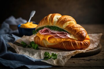 Sandwich with ham and cheese on croissant bun. Tasty croissant sandwich. AI generated