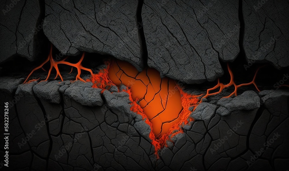 Poster a crack in the ground with a hole in the middle of it with a bright orange substance coming out of i