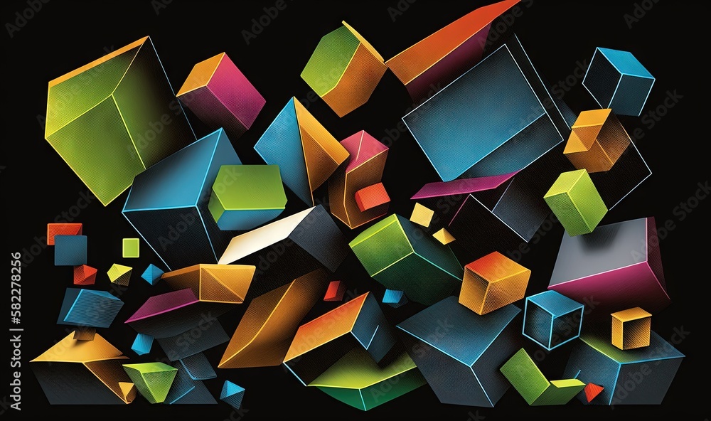 Poster a painting of a bunch of different colored cubes on a black background with a black background and a