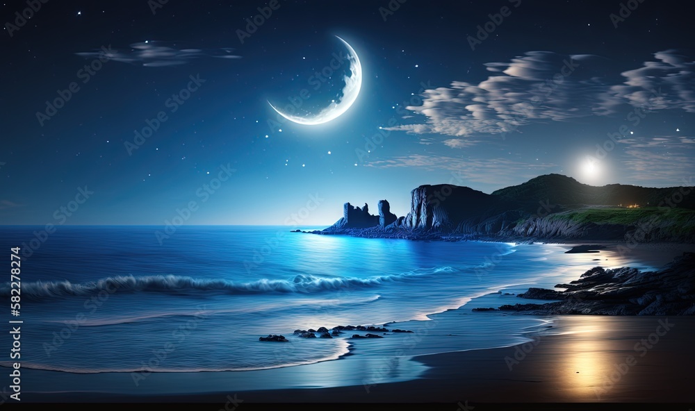 Aufkleber a night scene with a moon and a crescent above the ocean and a beach with waves and rocks on the sho
