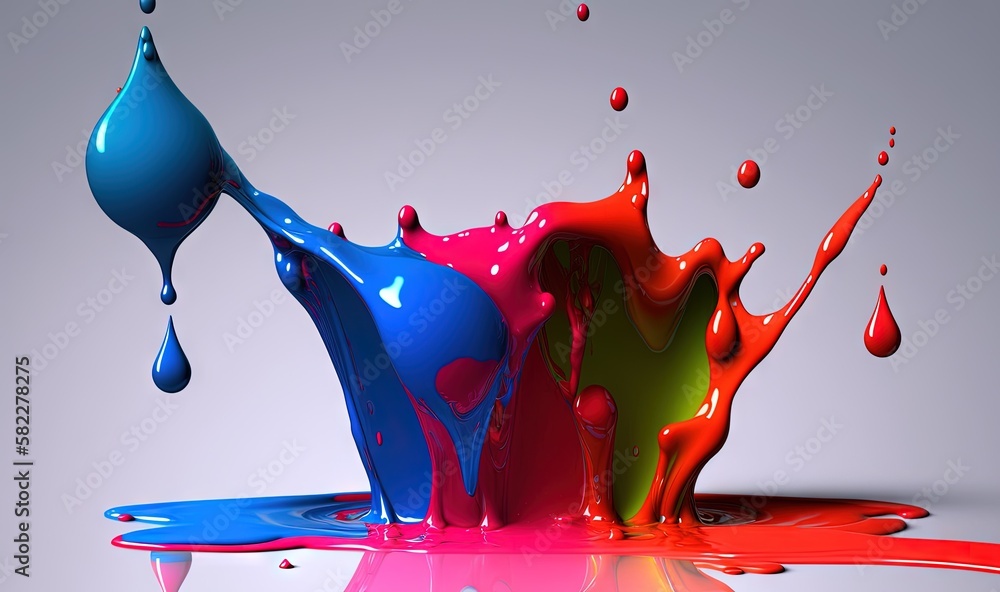 Poster a multicolored liquid splashing on top of a white surface with red and blue drops of liquid on the b