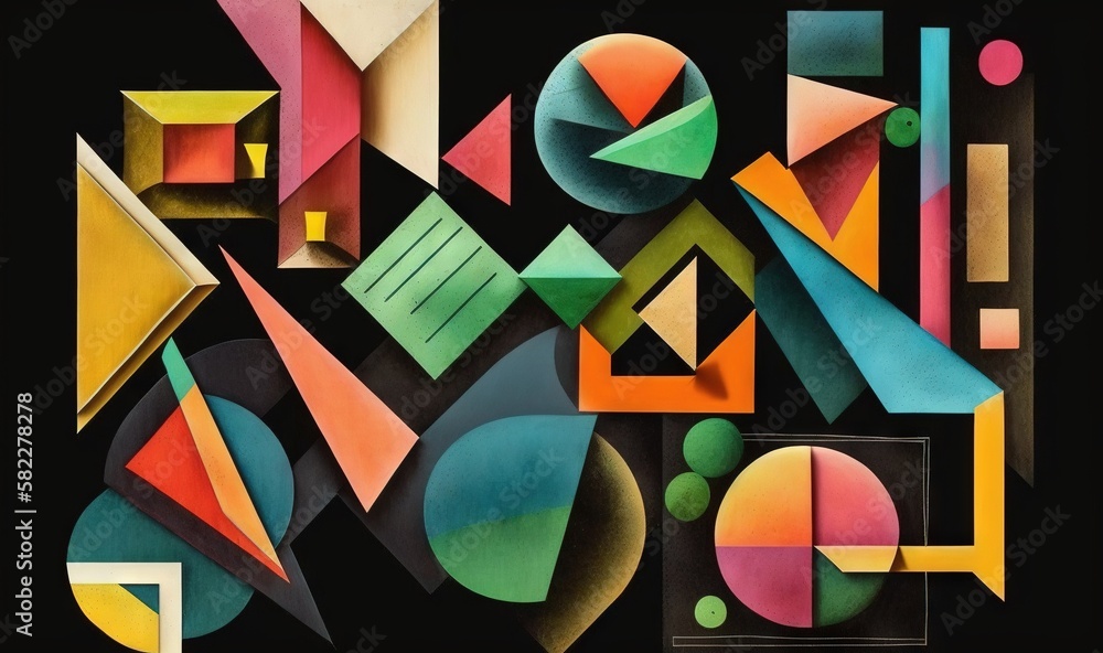Poster an abstract painting with a black background and a black background with different shapes and sizes 