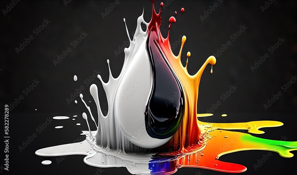 Poster a multicolored liquid splashing on top of a black surface with a white and black object in the middl