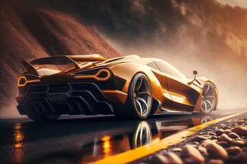Abstract colorful image of sports car on road. Creartive background. AI generation