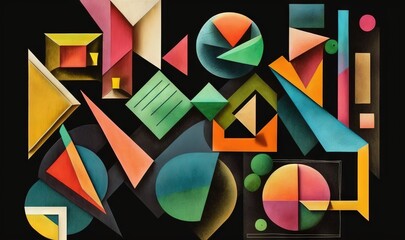  an abstract painting with a black background and a black background with different shapes and sizes of different shapes and sizes of shapes and sizes of colors.  generative ai
