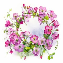 A digital watercolor illustration of a circle of spring flowers and greenery. Generative AI.