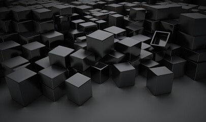  a bunch of black cubes that are in the dark room with one picture in the middle of the room and the other in the middle of the room.  generative ai