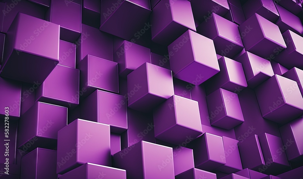 Poster a purple background with many cubes of varying sizes and shapes in the center of the image is a purp