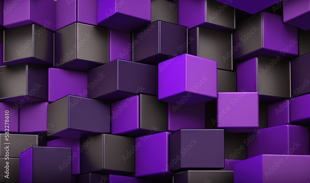 Poster a purple and black background with cubes of varying sizes and colors in the center of the image is a