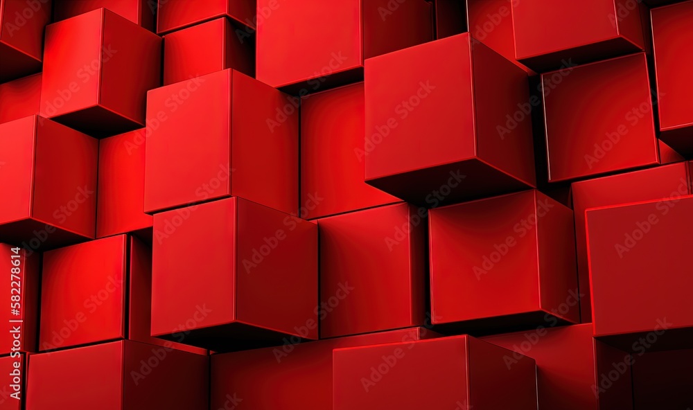 Poster a red wall with many cubes of different sizes and colors on it's sides and a clock on the top of the