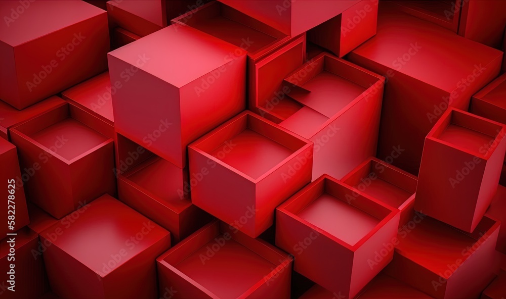 Poster a bunch of red cubes that are stacked up in a room with red walls and flooring and a red floor with 
