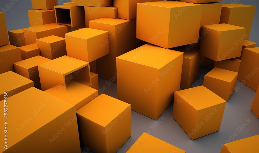 Poster a bunch of orange cubes that are stacked up in the air and stacked up in the middle of the room, wit