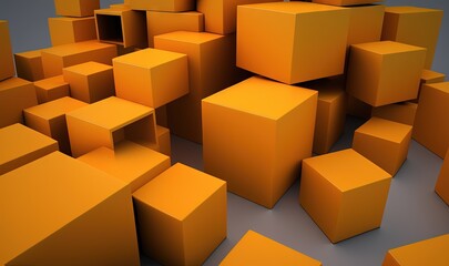  a bunch of orange cubes that are stacked up in the air and stacked up in the middle of the room, with one of the cubes facing the viewer slightly to the left.  generative ai