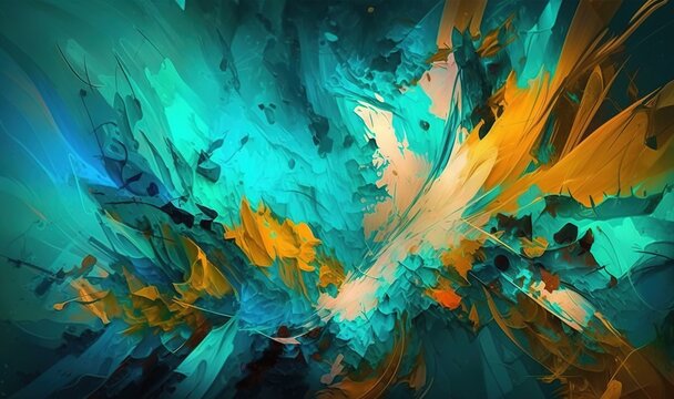  an abstract painting of blue, yellow, and orange colors on a black background with a black border around the edges of the image and the edges of the image.  generative ai
