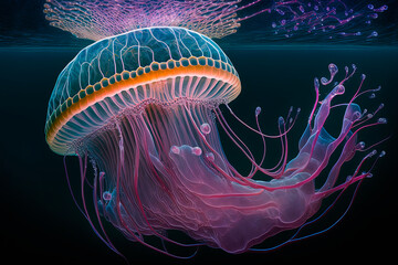 A purple jellyfish that is floating in the water. Generative AI