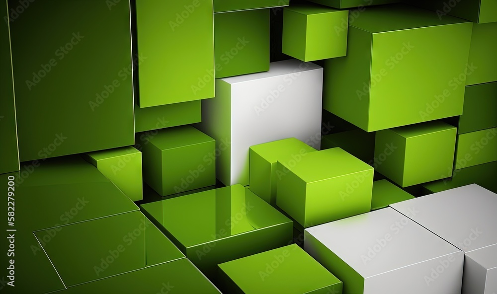 Poster a green and white abstract background with cubes and squares in the center of the image, with a whit