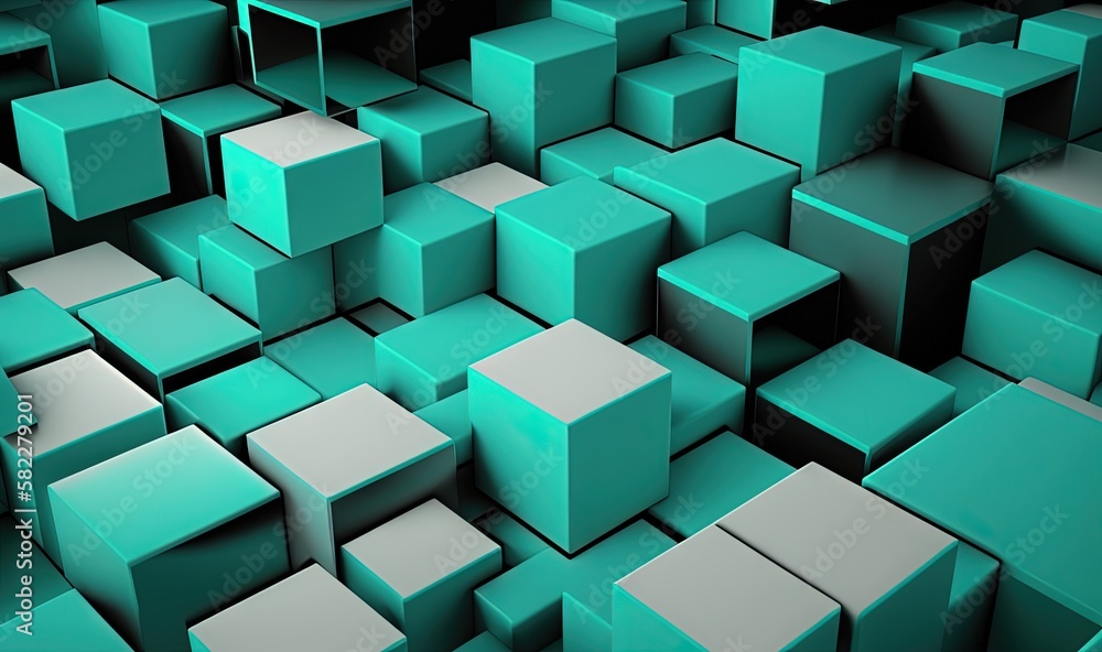 Poster a very large group of cubes that are all green and grey in color and size, with a black background a