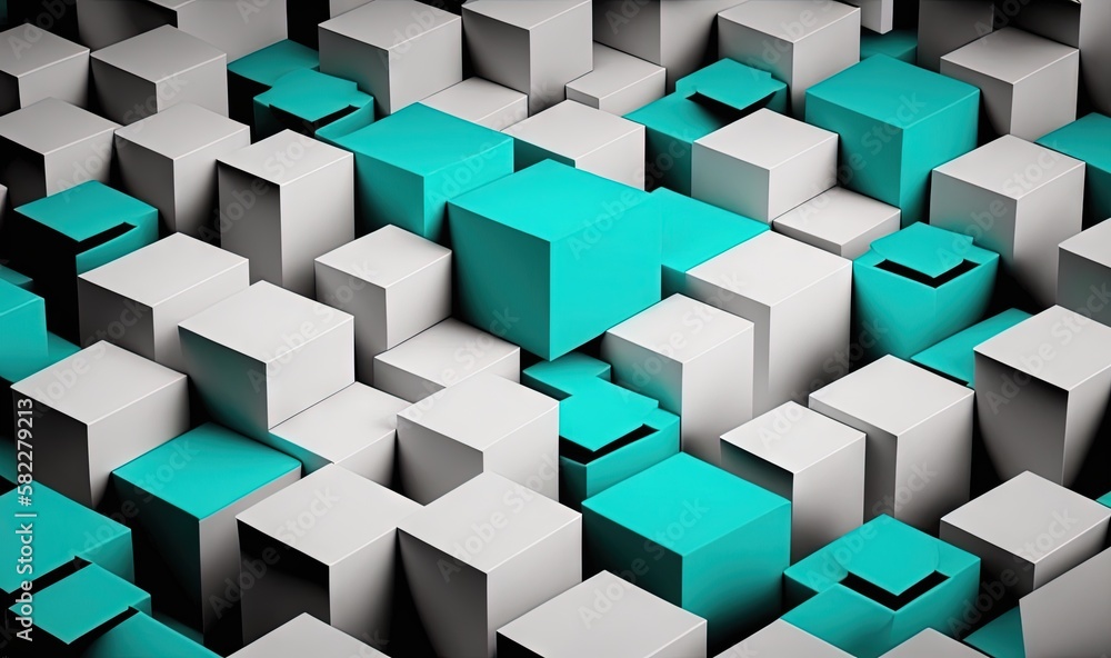 Poster a group of cubes with a green one in the middle of the picture and a black one in the middle of the 